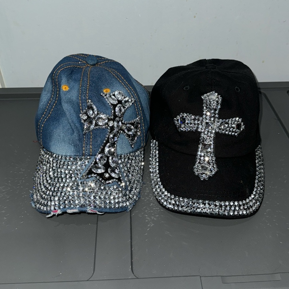 New Blue Jean Rhinestone CROSS Adjustable Baseball Cap Bundle